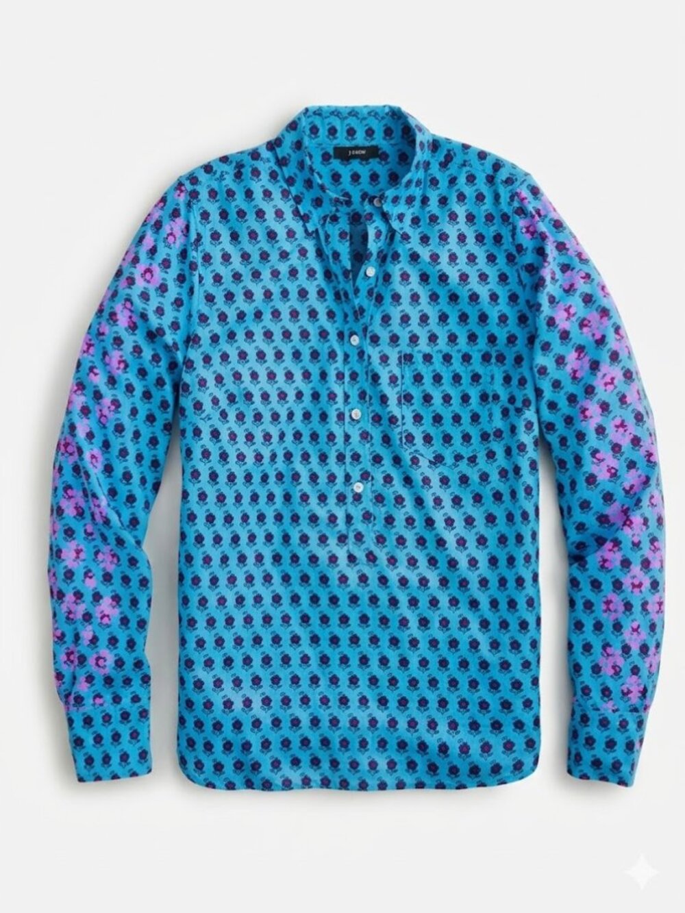J. Crew Floral Block Print Popover Shirt Medium Blue Pink Boho Coastal Grandma